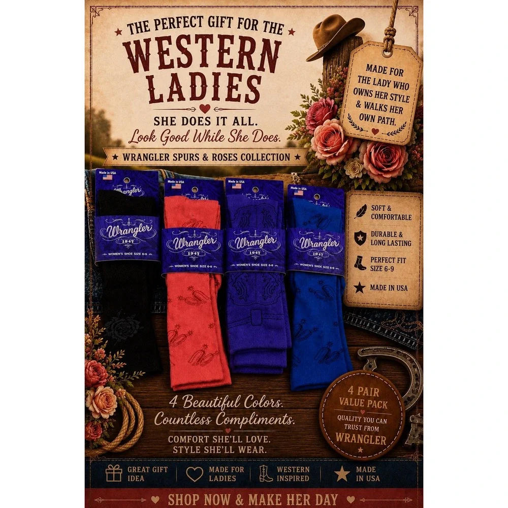 Wrangler Socks Ladies Rose Spurs Boots Pattern Socks 4 Pair‎ Pack Size 6-9 NWT
